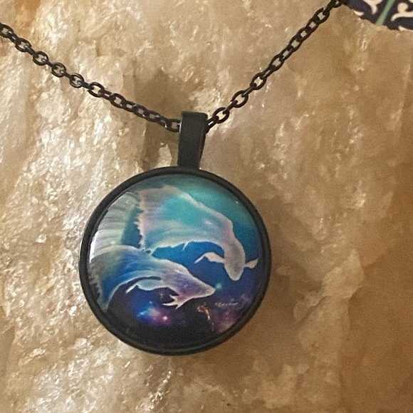 Pisces Zodiac Astrology Sign Glass Cabochon On Black Chain Pendant Necklace -New - Picture 1 of 6
